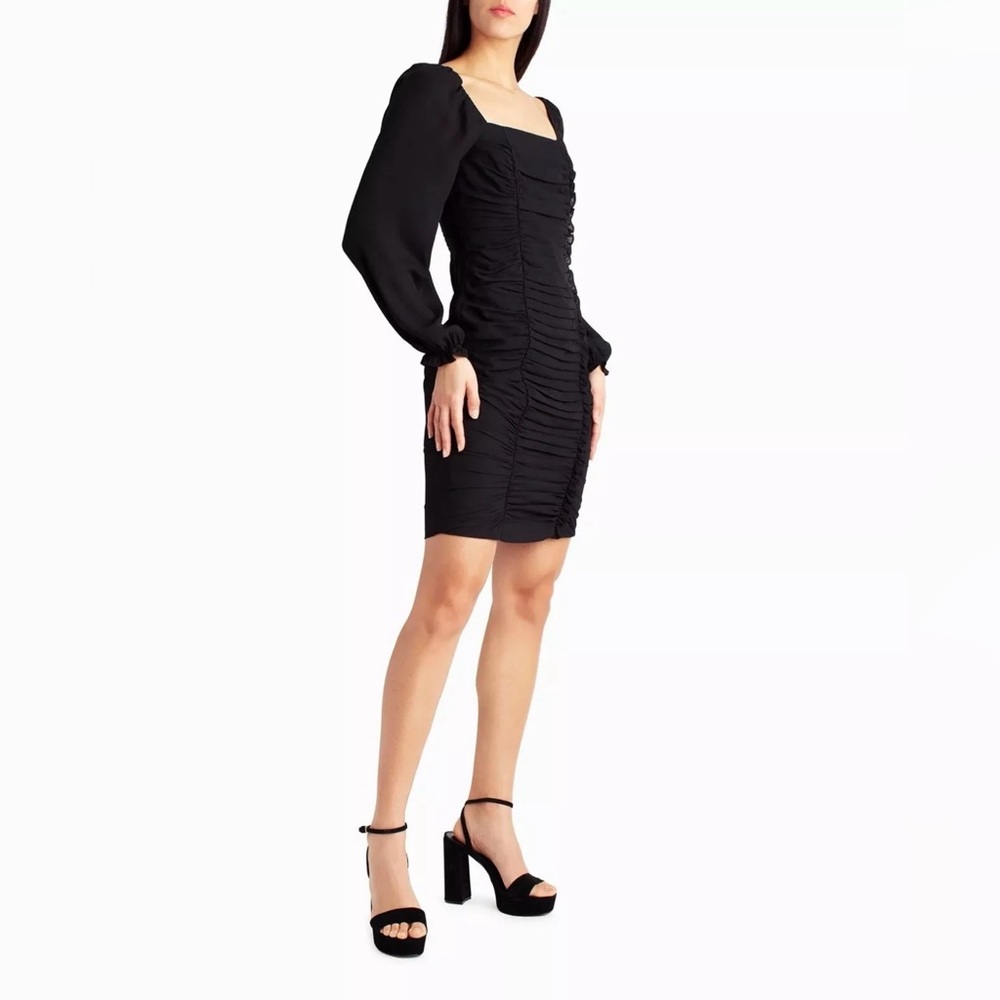 Nicole Miller Ivy Chiffon Ruched Square Neck Dress In Black Size 4 NWOT